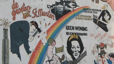 burial from the 1980s to protest against the lack of affordable houses in the Netherlands. Various images including of princess Beatrix