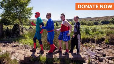 Donate now - image of big walk participants in fancy dress on the walk