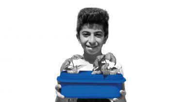 Boy holding basil plant