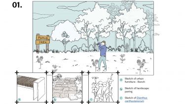 Example sketch of a public park showing the urban furniture, hardscape paving and planting