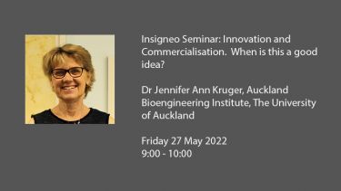 Insigneo Seminar feature image including speaker profile picture and talk title: Insigneo Seminar: Innovation and Commercialisation. When is this a good idea?