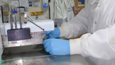 Hands wearing blue gloves working a machine.