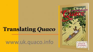 Display with cover of graphic novel Quaco with website www.uk.quaco.info