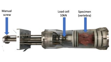 Jig 10kN: The jig allows to compress specimen, with a max diameter of 60mm, up to 10kN through a manual screw. The load is measured with a load cell and the displacement with a LVDT.