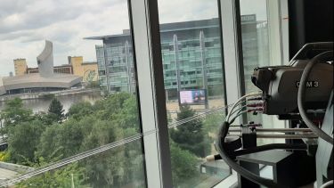 ITV's presenting studio and media gallery overlook Salford Quays at the heart of Media City.