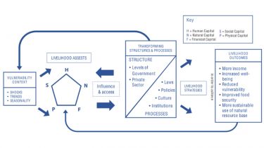 A diagram showing the Sustainable Livelihoods Framework, adapted from DFID (1999)