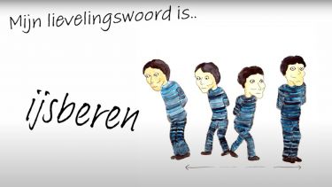Dutch word with a drawing of 4 male figures who walk up and down to illustrate the meaning of the word ijsberen: to pace up and down impatiently or with lack of purpose