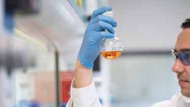 Scientist looking at orange compound liquid in a flask