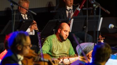 Musician with traditional Afghan instrument playing on stage