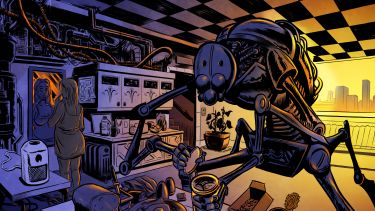 Illustration of a care robot in a woman's home
