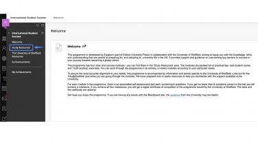 A screenshot of the Blackboard welcome page, directing to the "Study Resources" button.
