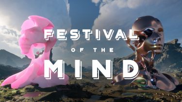 two computer generated graphic heads with the logo for festival of the mind