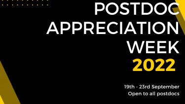 Black and gold banner with PAW logo and text that reads postdoc appreciation week 2022 open to all postdocs