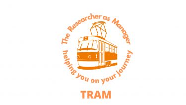 Stylised image of an orange tram encircled with the words The Researcher As Manager Helping You On Your Journey