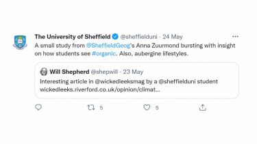 A twitter screenshot from the University linking to an article that reads: A small study from @sheffieldGeog's Anna Zuurmond bursting with insight on how students see #organic. Also, aubergine lifestyles. 