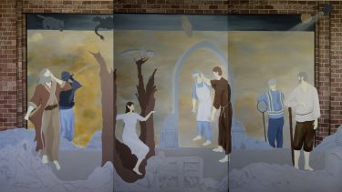 A three-piece mural depicting various characters from Shakespeare's plays.