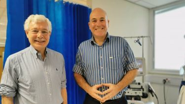 L-R: Professor Sharrack and Professor Snowden at the therapeutic apheresis unit, where stem cells are collected, at Sheffield Teaching Hospitals NHS Foundation Trust