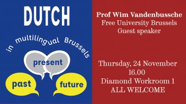 poster announcing talk about Multilingual Brussels on 24 November at 16.00 in Diamond Workroom 1