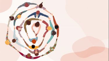 illustration of group of people in circle from diverse culture holding hands.