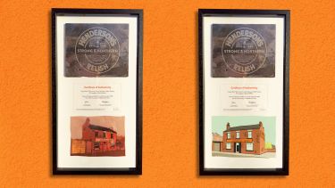Two Black frames containing engraved roof tile with Henderson's Relish logo, certificate of authenticity and student illustrations of the House