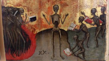Illustration featuring a skeleton in the centre with two opposing groups of skeletons reading from books, one side showing fire element, the other water.