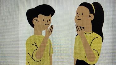 A cartoon image of two people signing through British Sign Language
