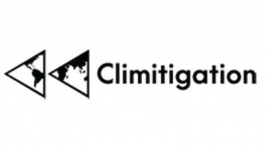 Climitigation logo comprising two equilateral triangles on an angle filled with country outlines and company name in black text