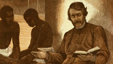 A drawing of David Livingstone reading a book