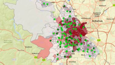 A PRID3 map showing primary care sites in Sheffield (green squares), combined with  Somali (country of origin, census data) population density (rink/pink shading) by lower super  output area (geographical segments within the Sheffield boundary).