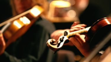 A close up photograph of hands playing the violin.