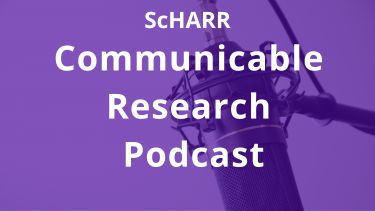 A picture of a microphone on a purple background with the words "ScHARR Communicable Research Podcast"