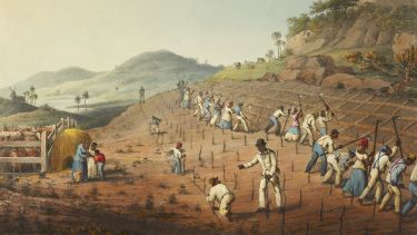A painting of African American slaves working on a plantation