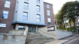 The Management School building from the front showing entrance