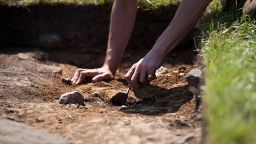 A close up of hands using a trowel to uncover soil at a dig site.