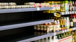 Empty egg shelves in a grocery store or supermarket