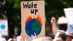 image of a group of protesters holding a sign with a picture of the earth on fire with the words wake up written above