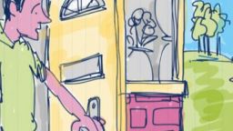 A cartoon drawing of a man opening a door