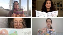 Screen shots of four students from their videos reading books in their native language