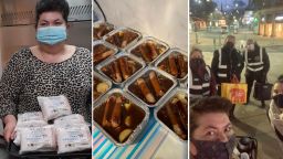 collage of pictures, including trays of cooked meals and a woman holding packages of sausages