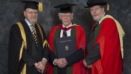 Bob Adams (centre) with Sir Keith Burnett VC (left) and Tony Crook on the occasion of the congregation for his Hon DLitt