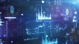 A graphical representation of data science with floating graphs and charts.