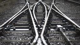 A close up of a points system on a railway line in the UK