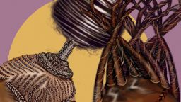 Detail of the cover from issue 8 of field journal, showing an illustration of two black people's braids and intricate hairstyles