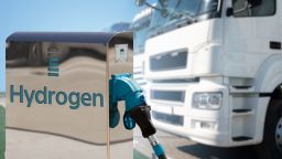 A hydrogen fuelling station with a truck in the background