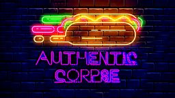 An illustration of a hotdog shaped neon sign with neon lettering that says 'Authentic Corpse'