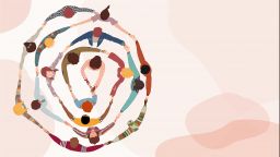 illustration of group of people in circle from diverse culture holding hands.