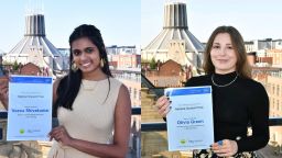 A collage of two female students holding up paper copies of awards to the camera.