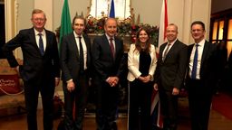 (Left-right): Parliamentary Under-Secretary of State for Northern Ireland, Lord Jonathan Caine; Minister for Further and Higher Education, Research, Innovation and Science, Simon Harris TD; Tánaiste and Minister for Foreign Affairs, Micheál Martin TD; Secretary of State for Science, Innovation and Technology, Michelle Donelan; Secretary of State for Northern Ireland, Chris Heaton-Harris; and Minister of State for Northern Ireland, Steve Baker, pictured at Farmleigh, Dublin, this afterno