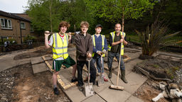 Oisin Corry (student), Sam Penrose, Logan Thomas (volunteer), Pete Thornett (TARA chairman) at the Scraith Wood Community Garden. Credit: Timm Cleasby Photography