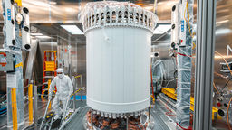 LZ’s central detector, the time projection chamber, in a surface lab clean room before delivery underground. Credit: Matthew Kapust/Sanford Underground Research Facility